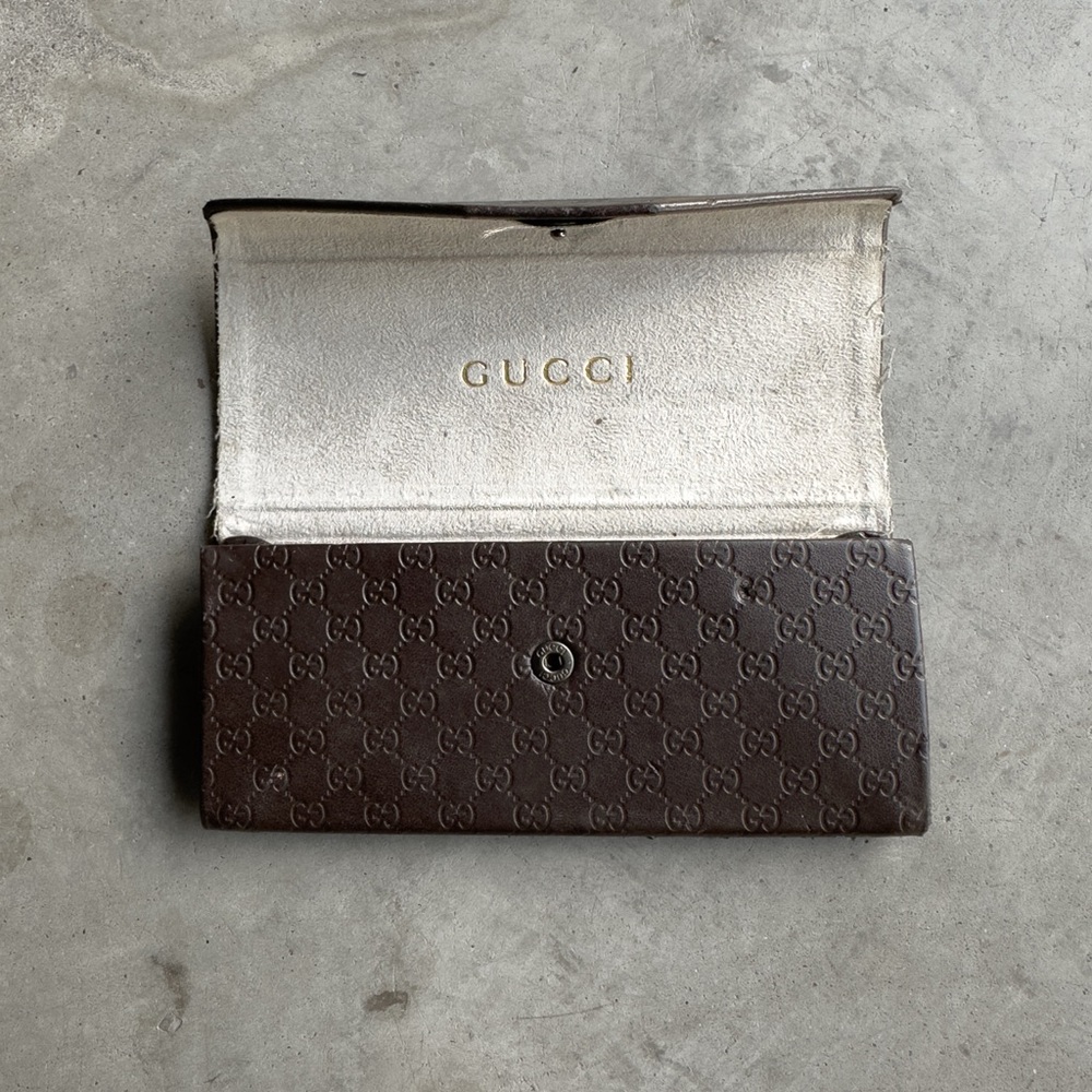 Gucci Collapsible Glasses Box Brown Leather Case GG Logo Trifold Triangular